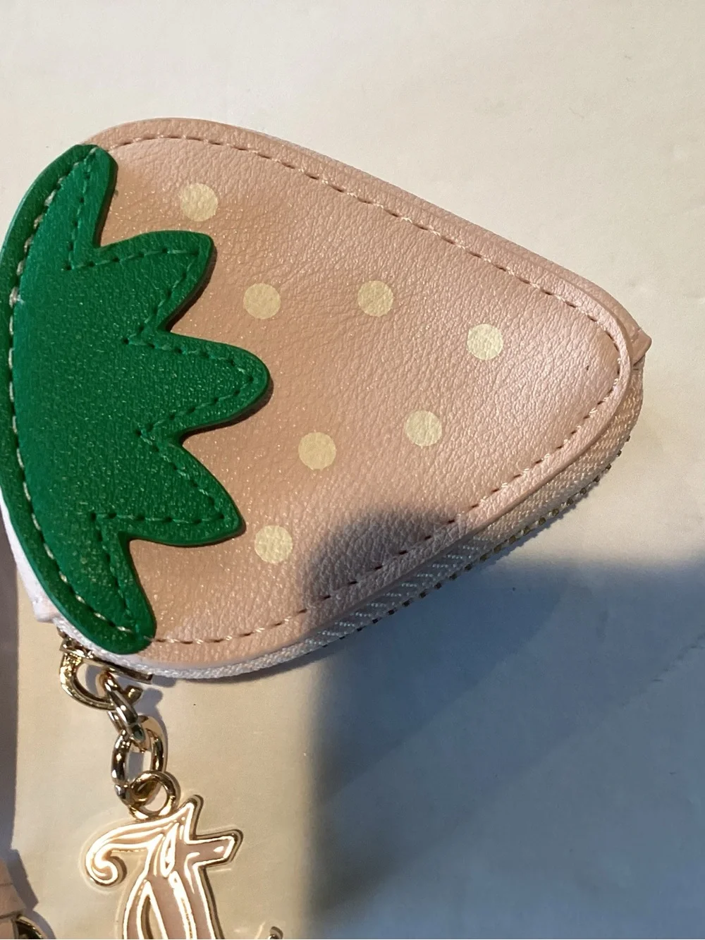 Juicy Couture Beige & Blue Logo Key Card Holder with Pink Strawberry Charm